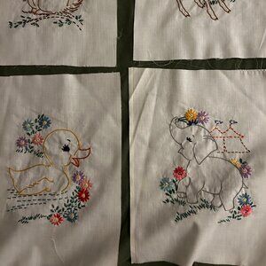 9 Vintage Embroidered Quilt Blocks Animals & Flowers Ready to Finish